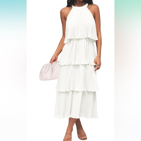 Halter Neck Ruffle Tiered Layered Chiffon Flowy Midi Dress - Picture 1 of 4